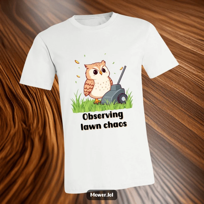 Funny, content owl watching grass clippings fly from a mower, printed on a comfortable t-shirt, a humorous gardening gift.
