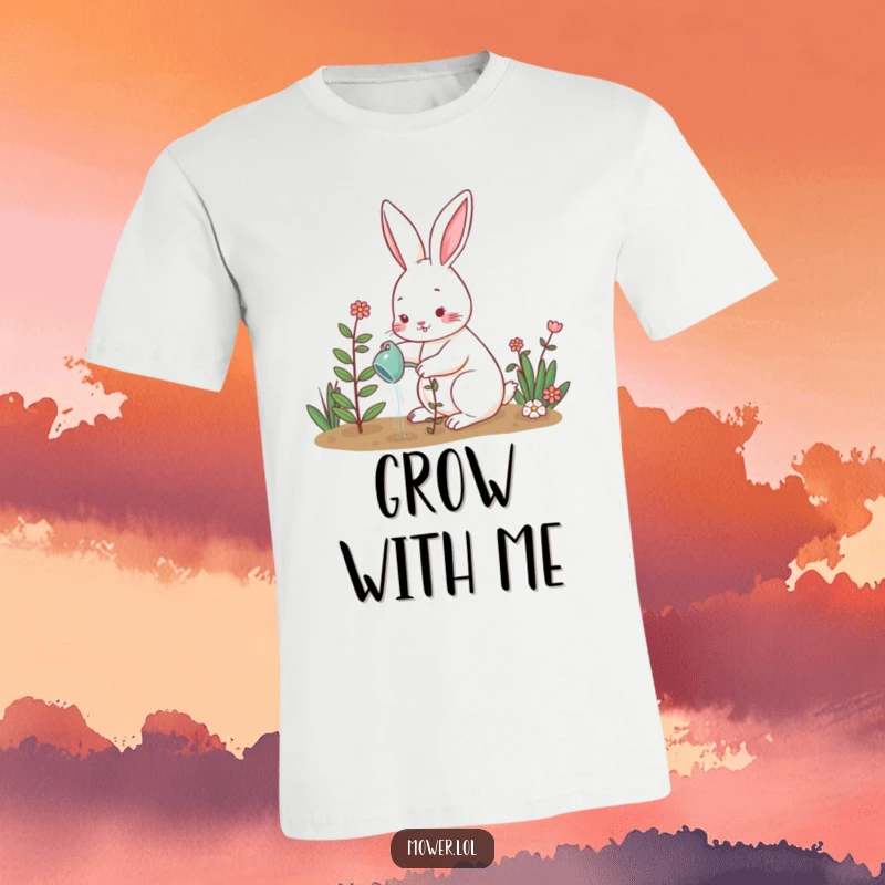 Funny rabbit watering a flourishing plant in a garden setting, radiating a cheerful and nurturing vibe.