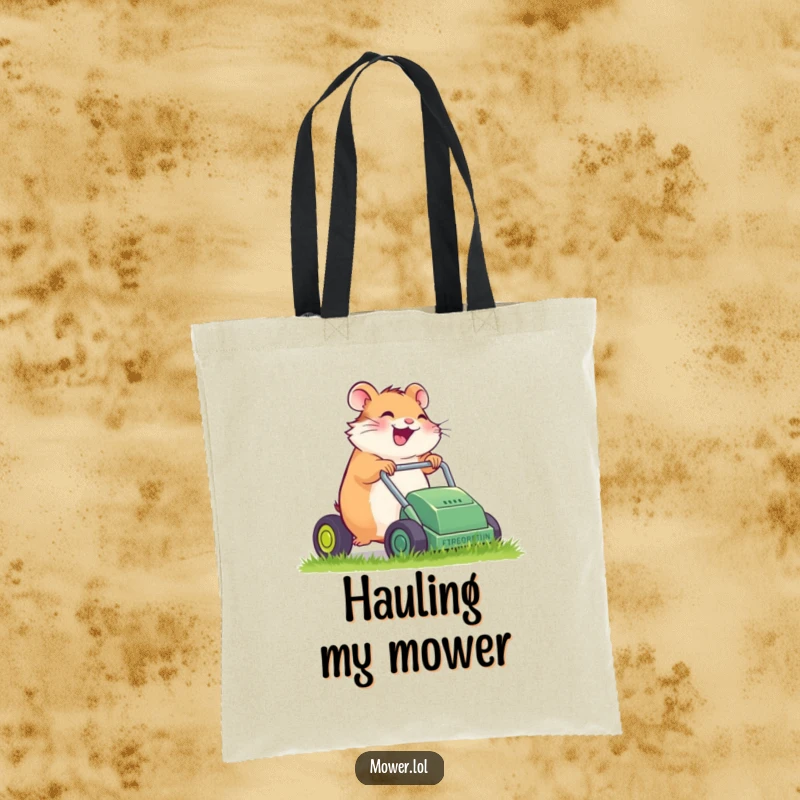 Funny hamster giggling while pushing a tiny, sputtering lawn mower, printed on a durable tote bag, a humorous gardening accessory.