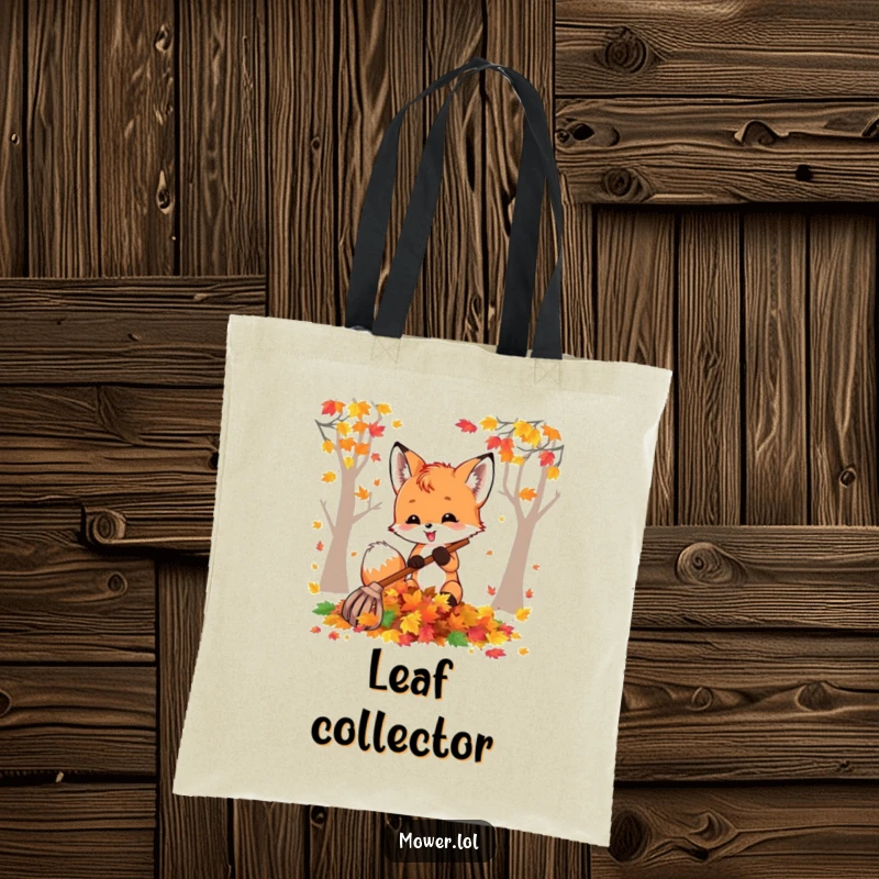 Funny fox cub raking a pile of colorful autumn leaves, showcasing a joyful and whimsical fall scene for practical use. A great funny gift.